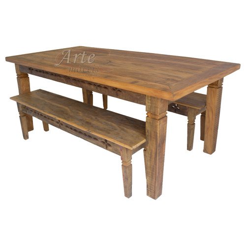 Conjunto Mesa 2,00 x 1,00 + 2 Bancos  Entalhados em Peroba Rosa - 5043