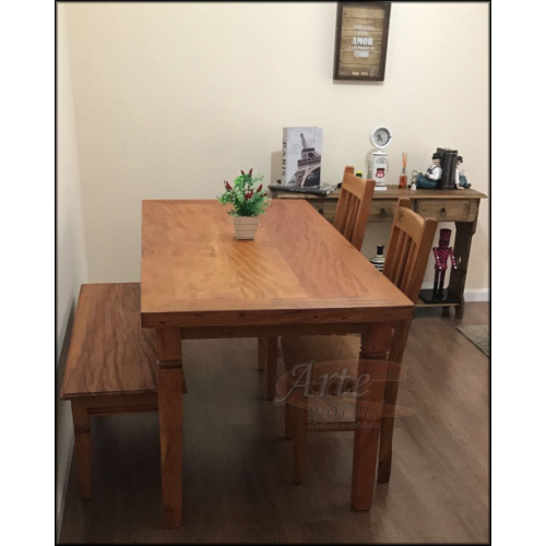 Conjunto Mesa 1,60 x 0,80 + 2 Cadeiras e Banco Plainado em Peroba Rosa - 5063