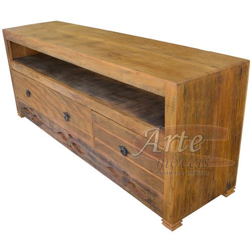 Rack 1,50 x 0,40 Rústico Entalhado 3 Gavetas em Peroba Rosa - 4176-2