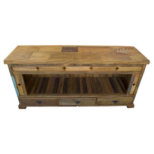 Rack Rústico com 3 gavetas 1,50 Patchwork Entalhado em Peroba Rosa - 5093