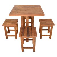 Conjunto Mesa Quadrada e 4 Banquetas de Madeira Rústica - 5441