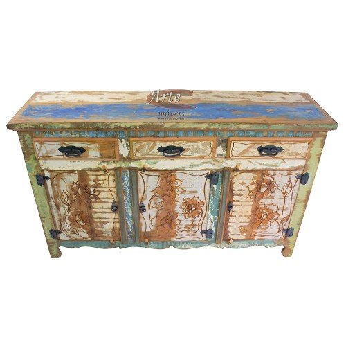 Buffet 1,50 x 0,40 Entalhado com Tinta 3 Portas 3 Gavetas em Peroba Rosa - 4707